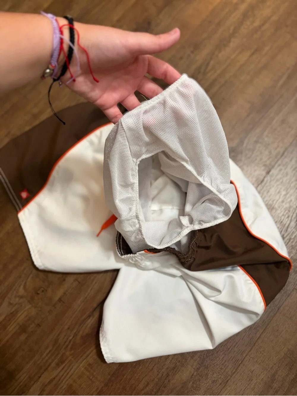 Old Navy White Swim Trunks with Brown Panels and Orange Trim
